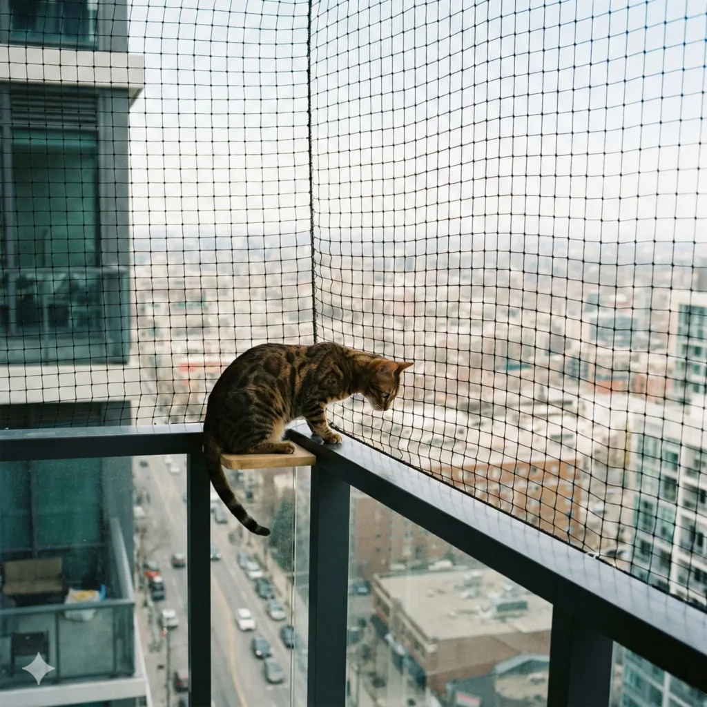 Premium metal-core cat protection net combining flexible polyethylene exterior with unbreakable steel wire interior