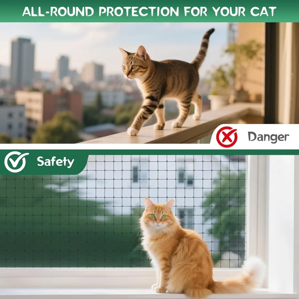 UV-stabilized reinforced netting for outdoor cat enclosures, featuring rust-proof metal wire reinforcement throughout