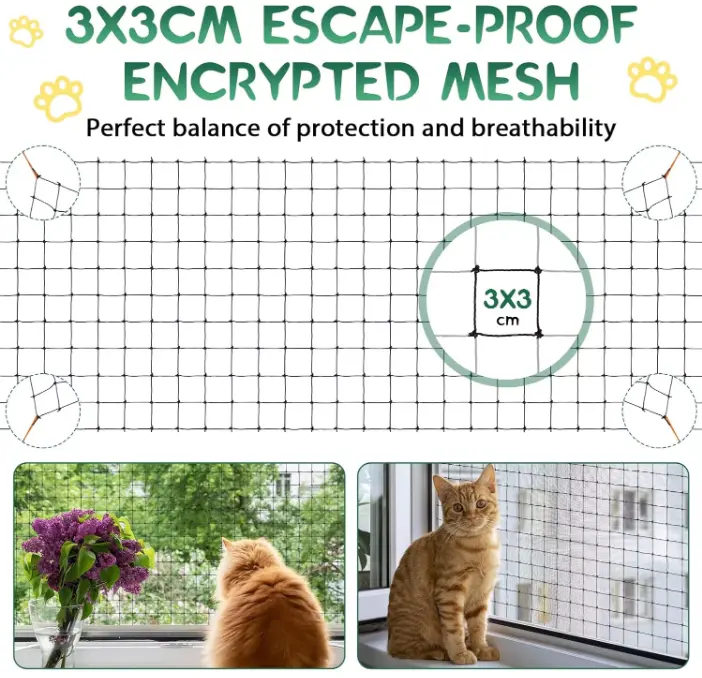Premium metal-core cat protection net combining flexible polyethylene exterior with unbreakable steel wire interior