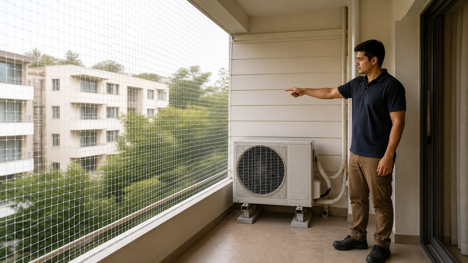 Independent transparent cat net boundary beside an accessible AC outdoor unit