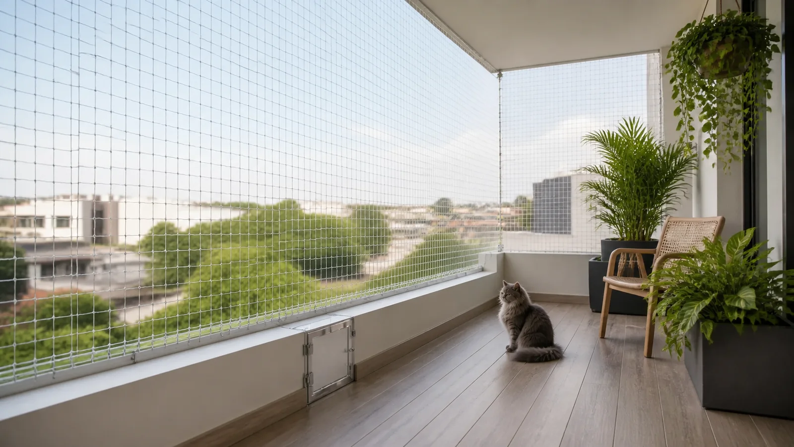 Balcony planters moved away from an inspectable transparent cat net boundary