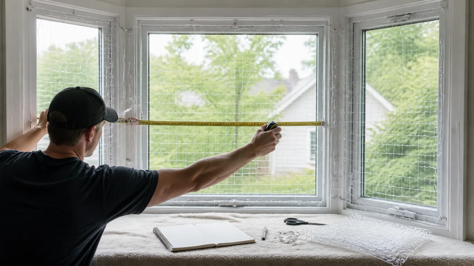 Installer measuring front and side planes of a bay window for transparent cat netting