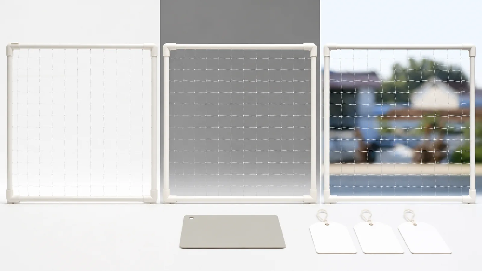 Transparent nylon cat net sample panels viewed against light and dark balcony backgrounds