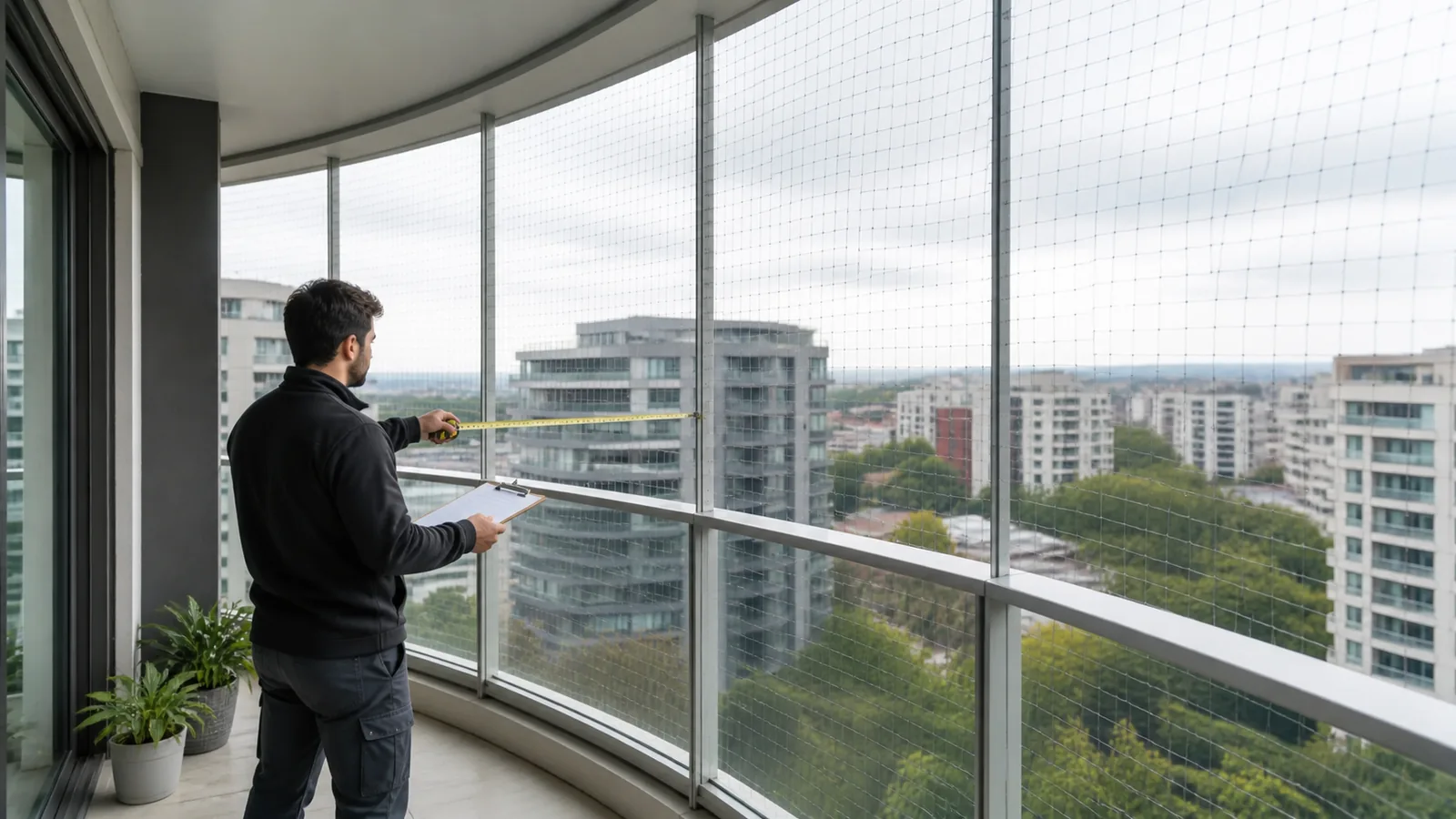 Transparent nylon cat net divided into measured segments along a curved balcony