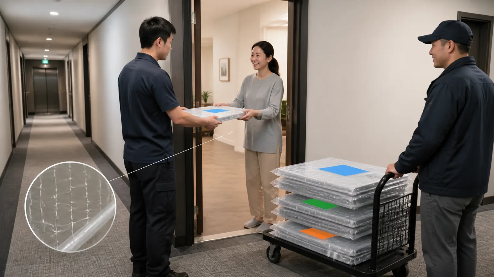 Identified transparent cat net panel packs handed over at an apartment doorway