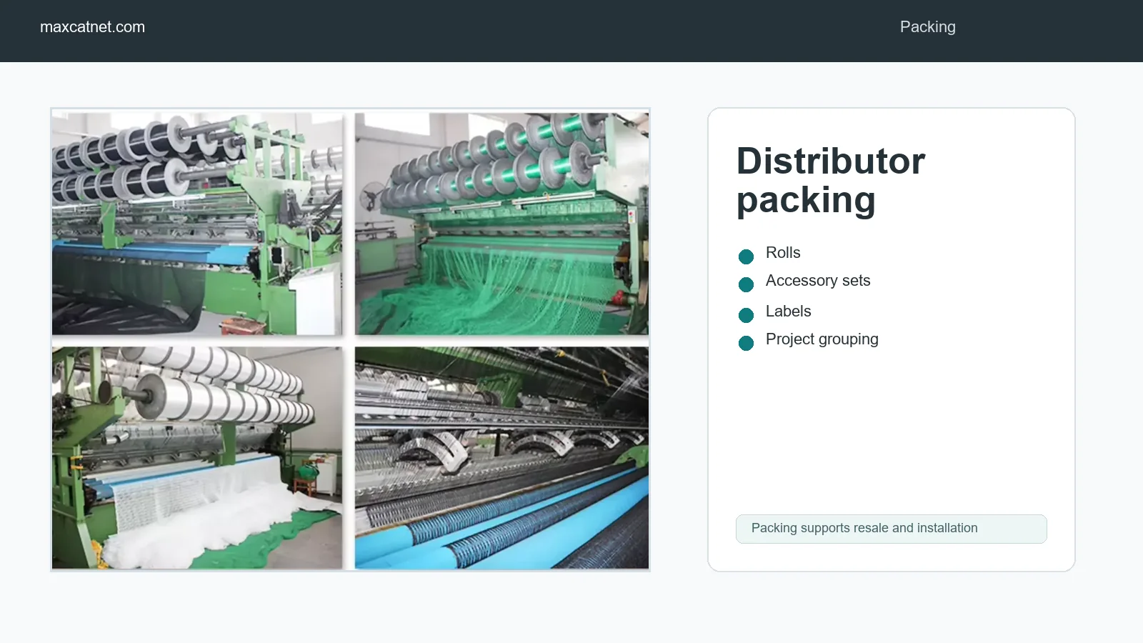 Cat net distributor packing with accessory sets and mesh rolls
