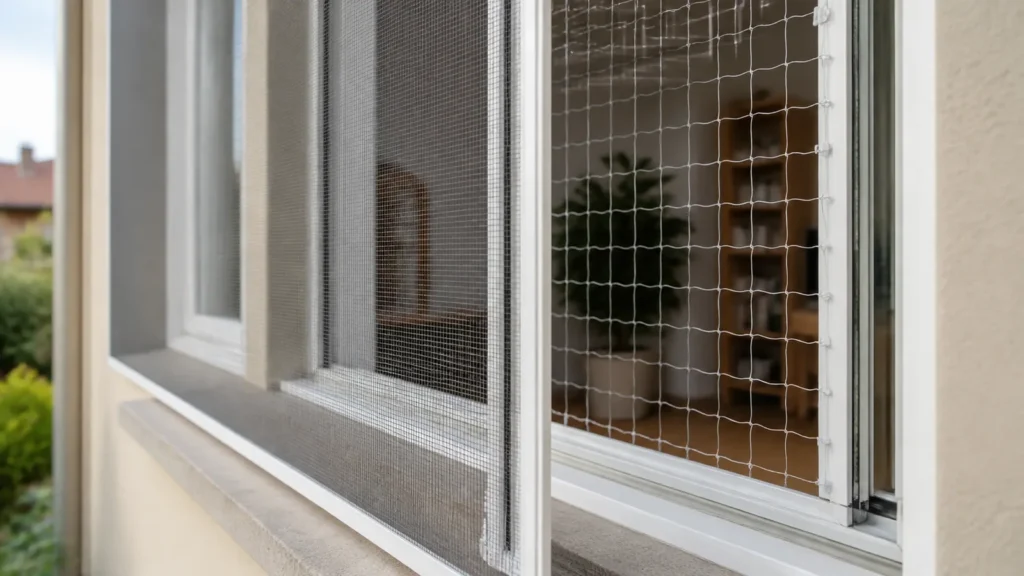 Separate transparent cat net and insect screen layers at a window opening