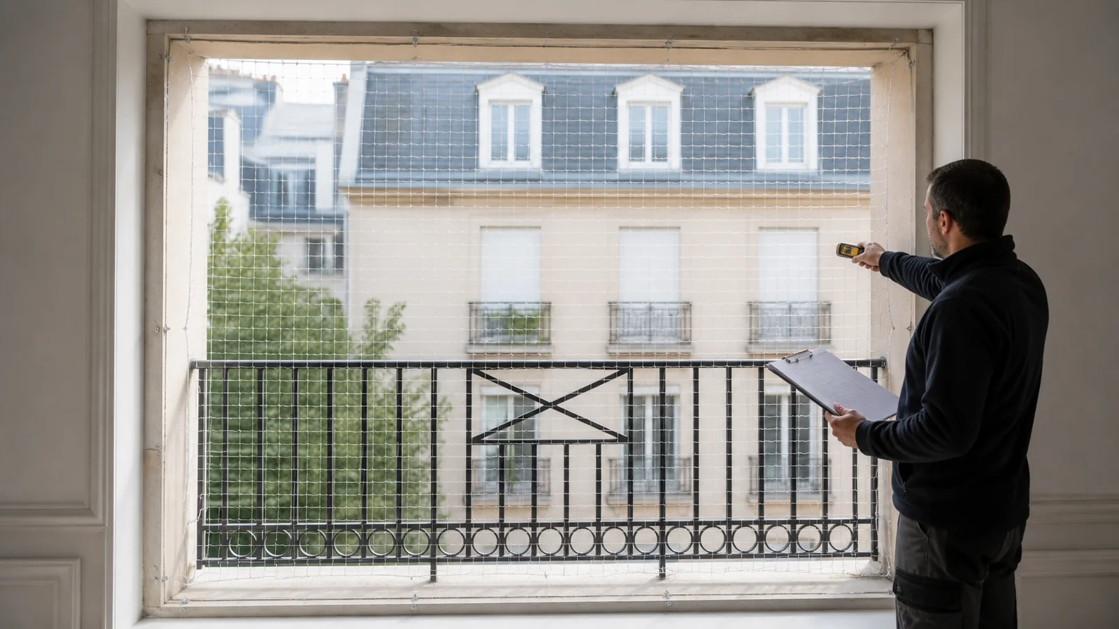Surveyor checking the full perimeter of a fine mesh French balcony cat net