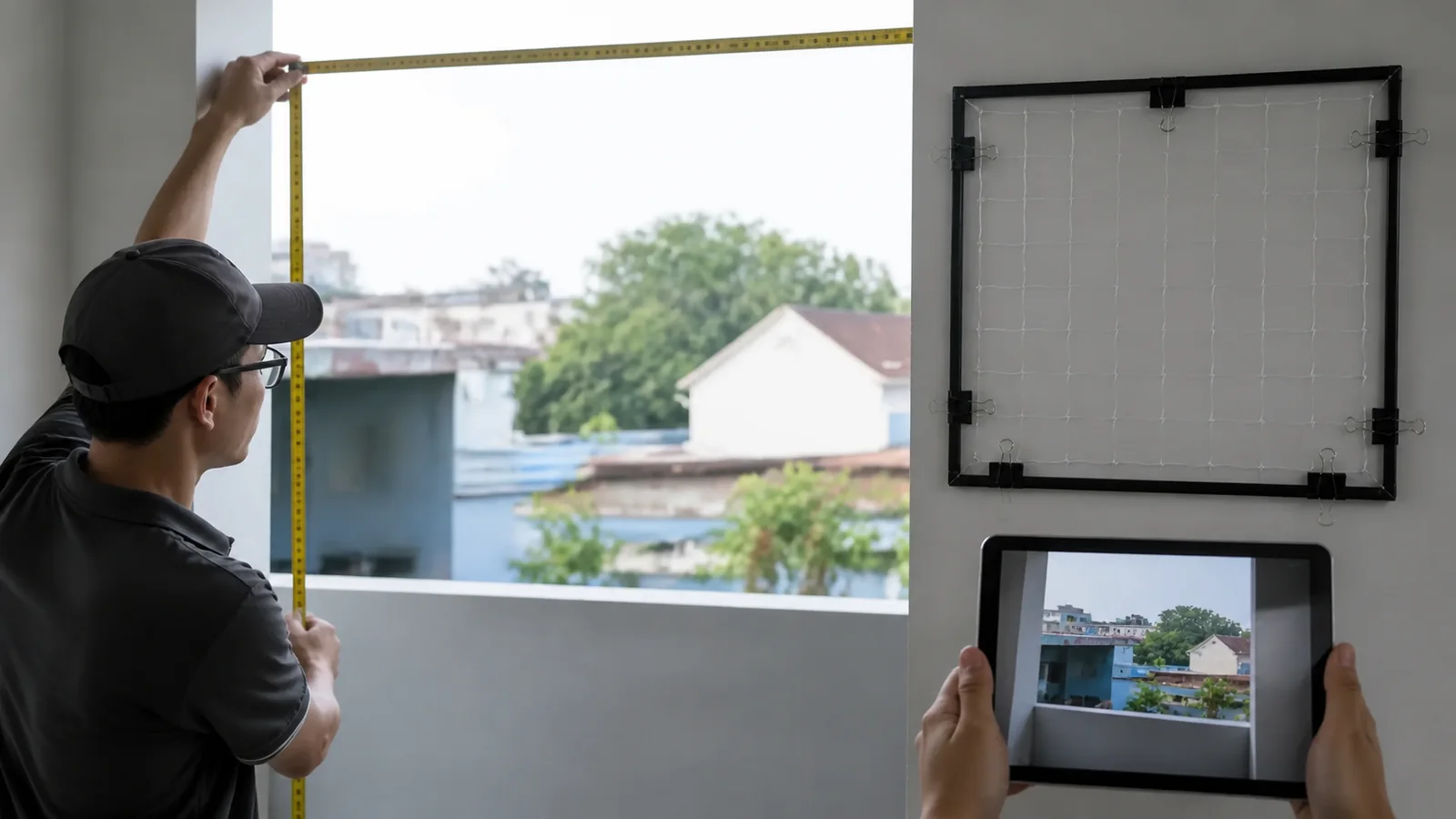 Survey of a glass-railing balcony opening with a separate transparent cat net sample frame