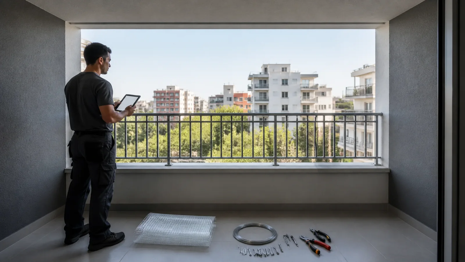 Installer reviewing an empty balcony opening before cat net installation begins