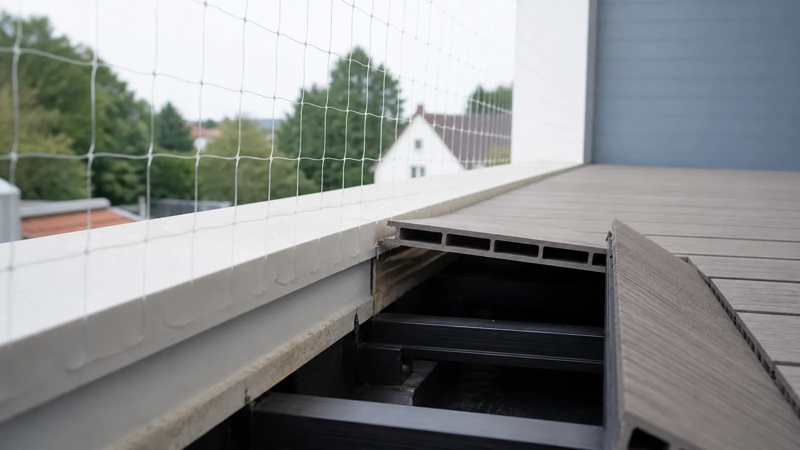 Transparent cat net lower boundary surveyed above an opened section of raised balcony decking