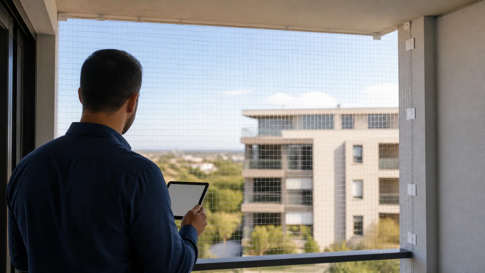 Inspector documenting a completed full-height transparent cat net installation