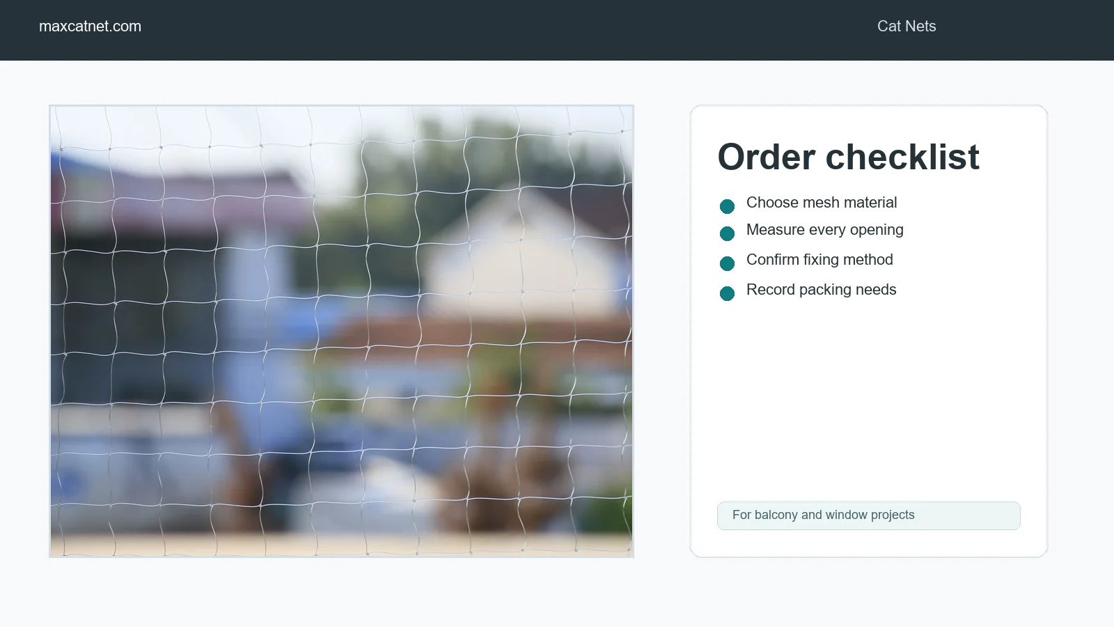 Cat net order checklist with mesh samples and measuring notes