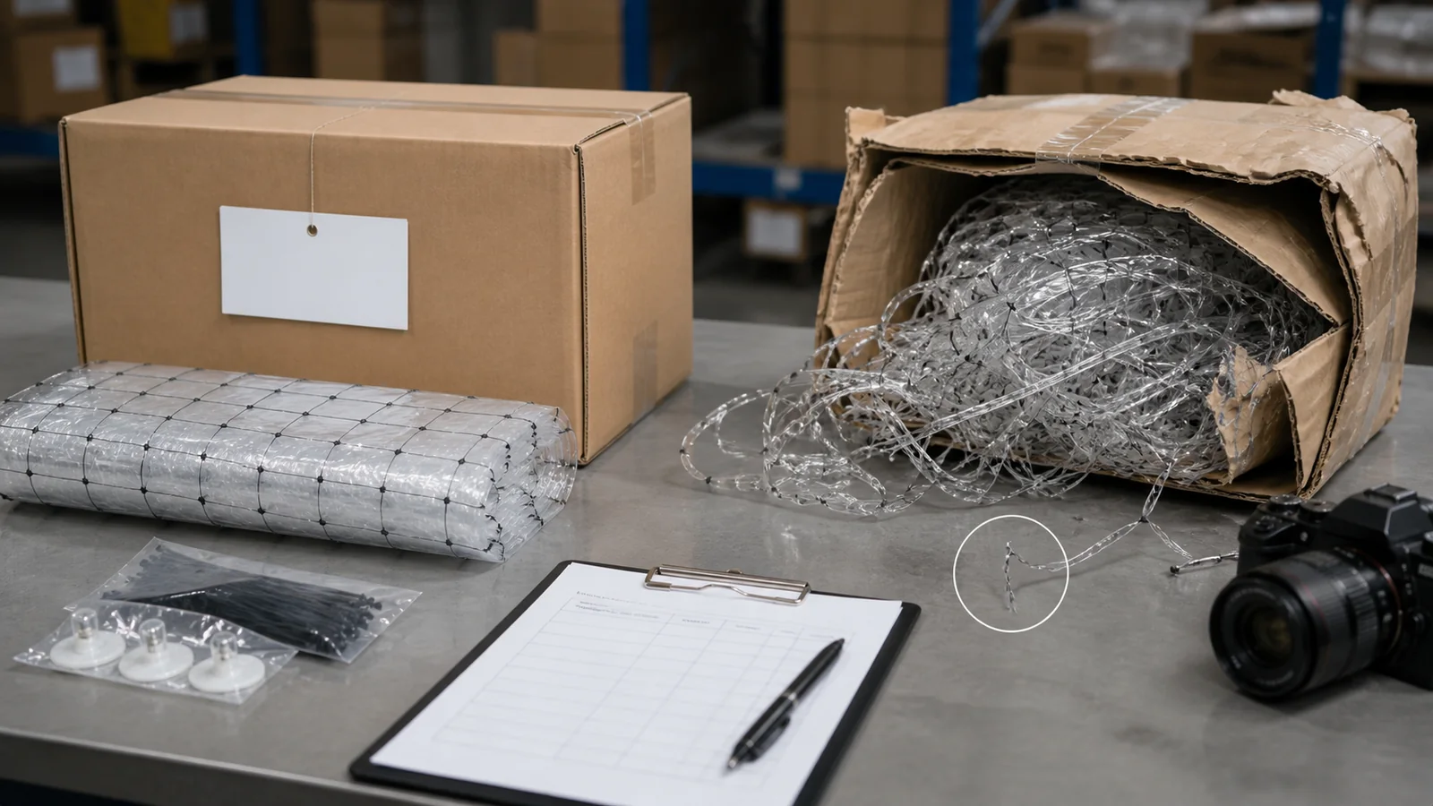 Intact and damaged cat net packages arranged for a receiving inspection