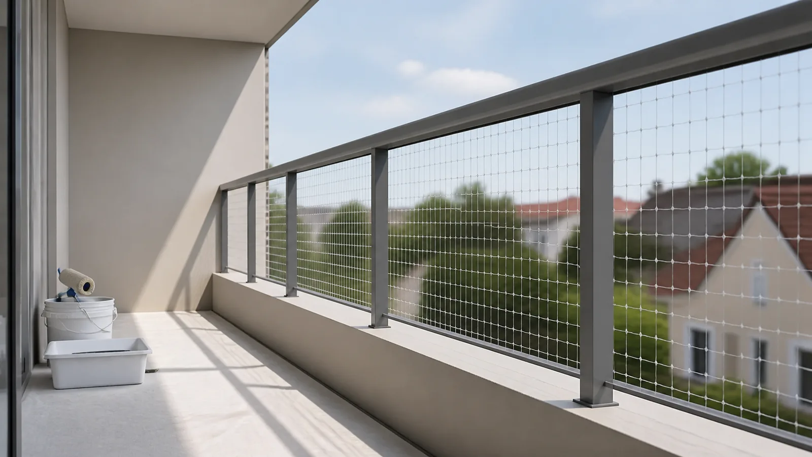 Transparent nylon cat net reinstated along a newly painted balcony boundary