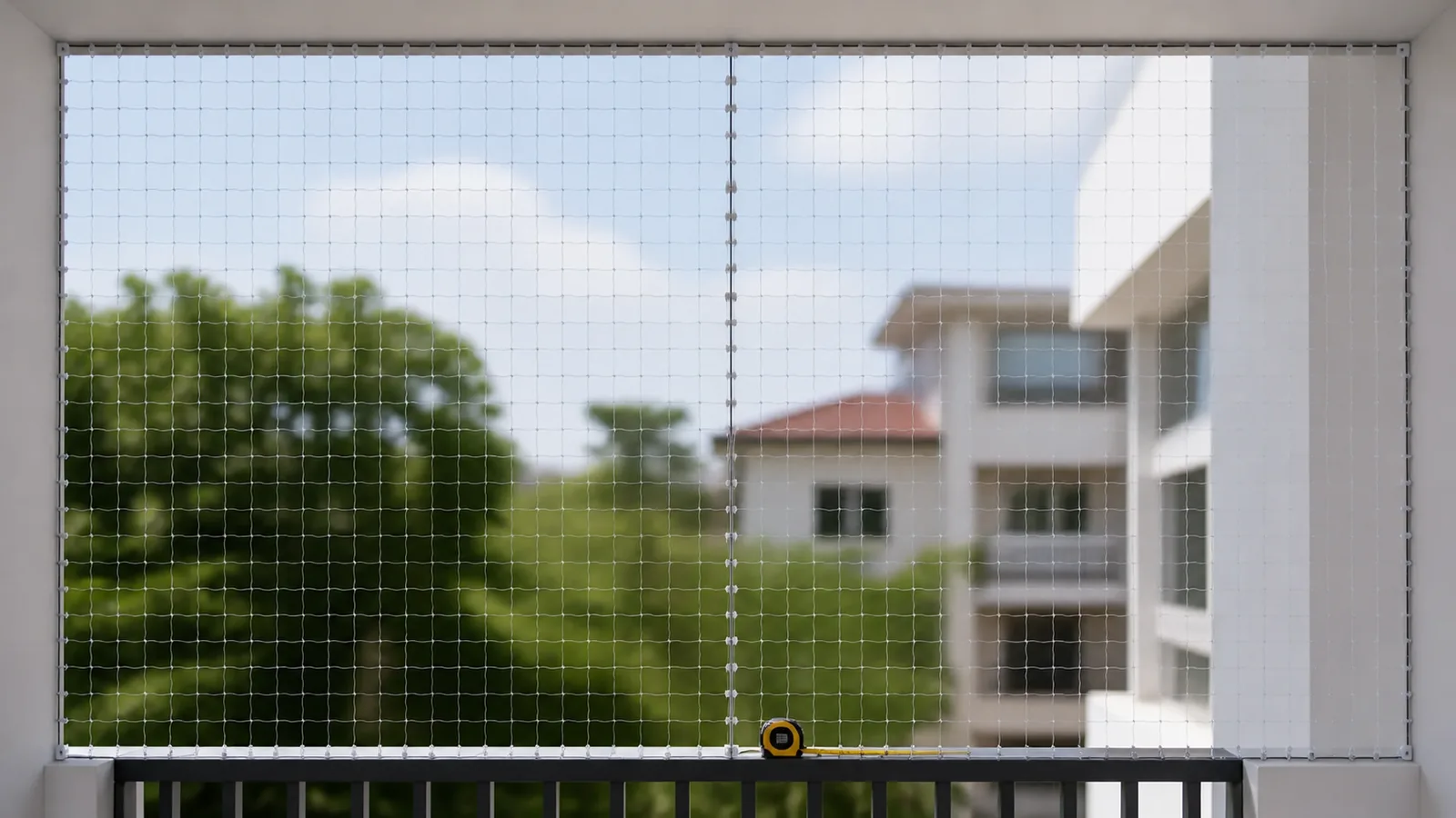 Transparent nylon cat net panels meeting at a planned vertical seam on a wide balcony opening