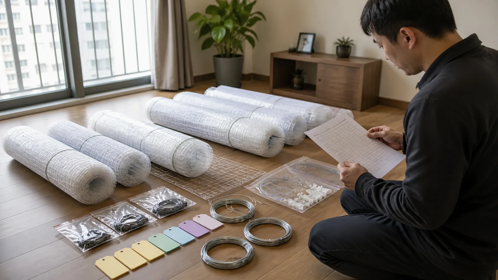 Rolled cat net panels and fixing accessories staged by opening in a clean room
