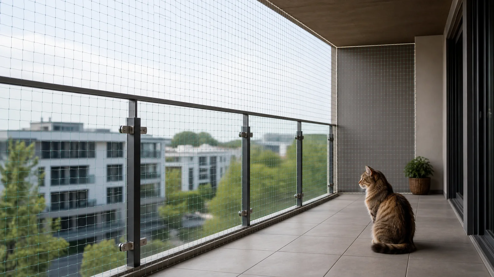 Transparent cat net on a glass-railing balcony showing the full opening and boundary surfaces