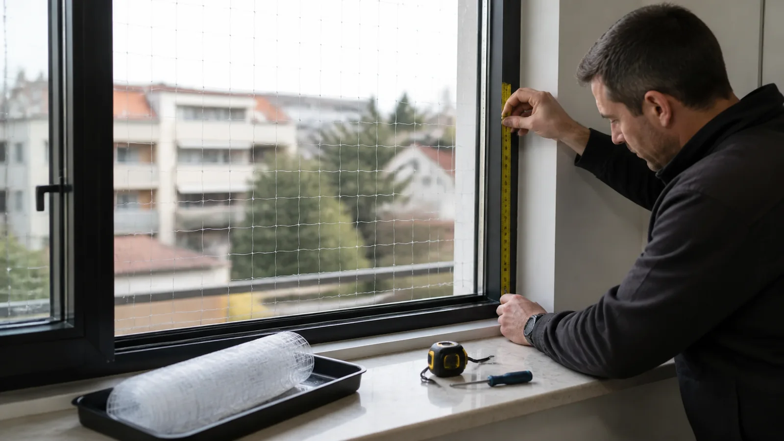 Installer remeasuring a renovated window opening before cat net reinstallation