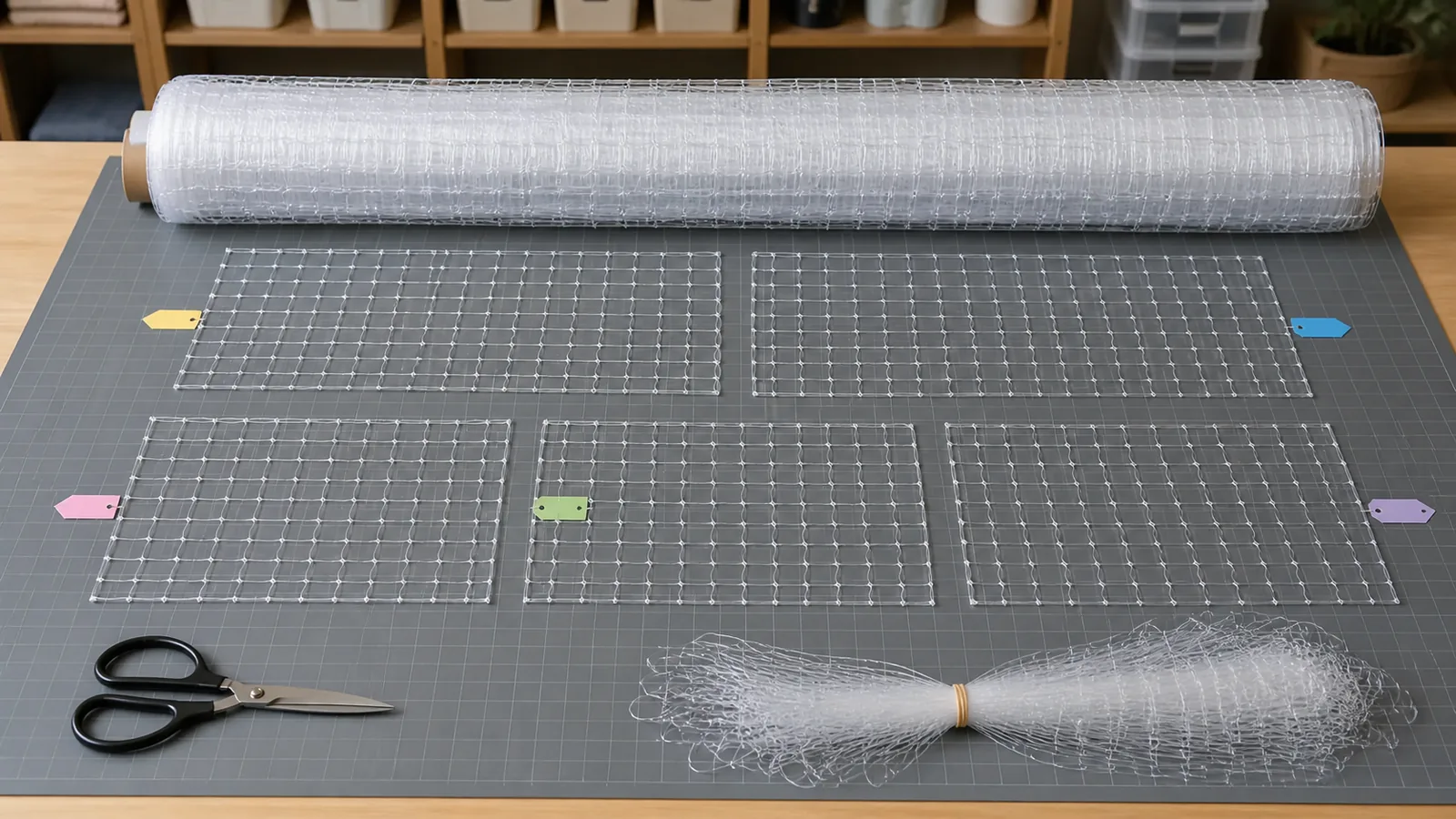 Transparent nylon cat net roll beside labeled cut panels arranged for multiple openings