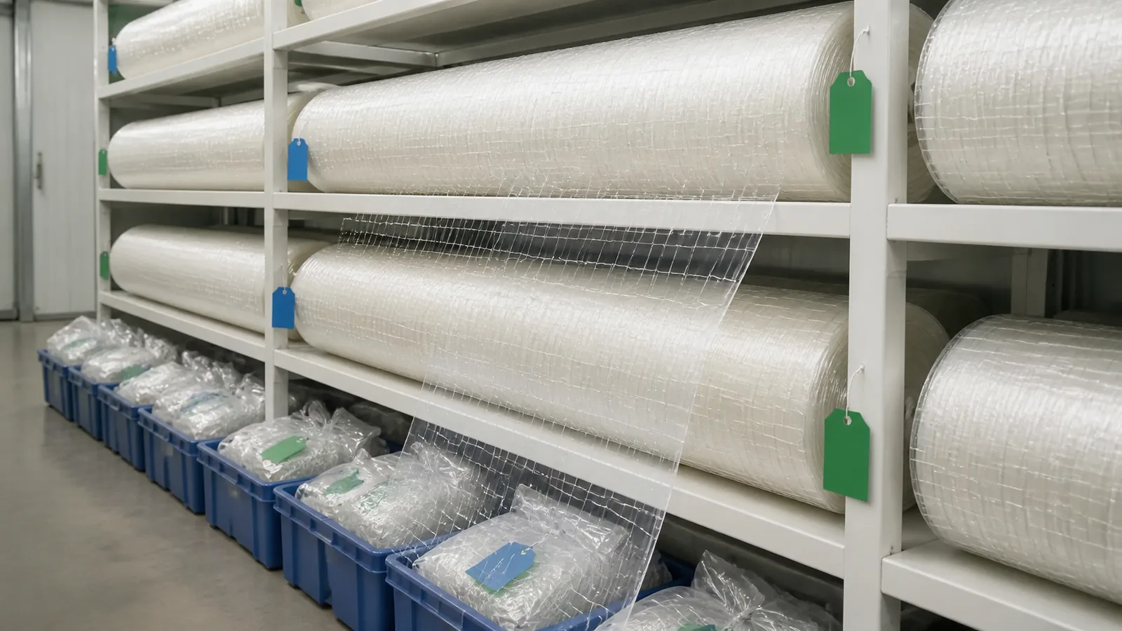 Transparent nylon cat net rolls stored horizontally on a clean protected warehouse rack