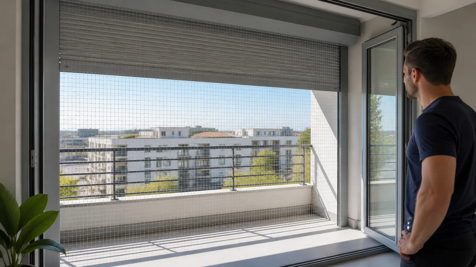 Transparent cat net kept separate from a partly lowered exterior roller shutter