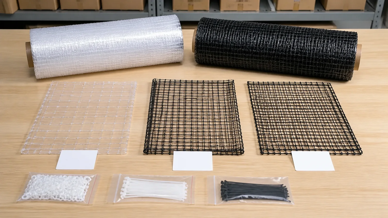Transparent and black cat net rolls with pre-cut panel samples and accessory packs