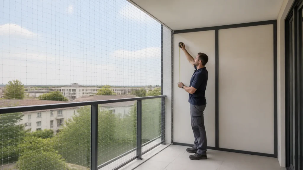 Transparent cat net side return meeting a shared balcony divider boundary