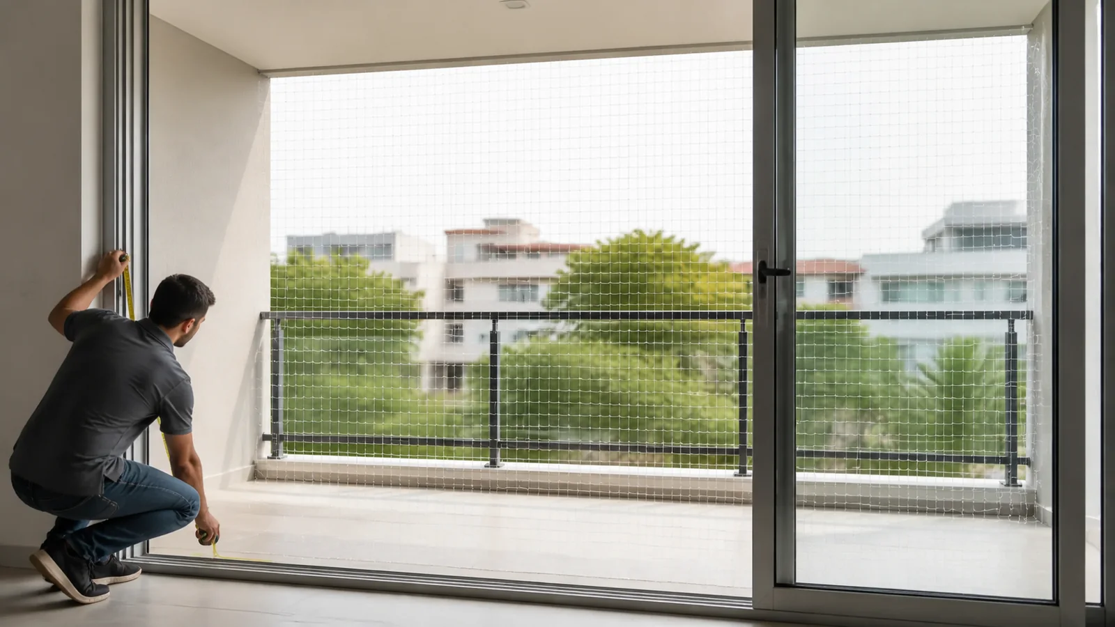 Open sliding balcony door with a full-height cat net at the outer balcony boundary