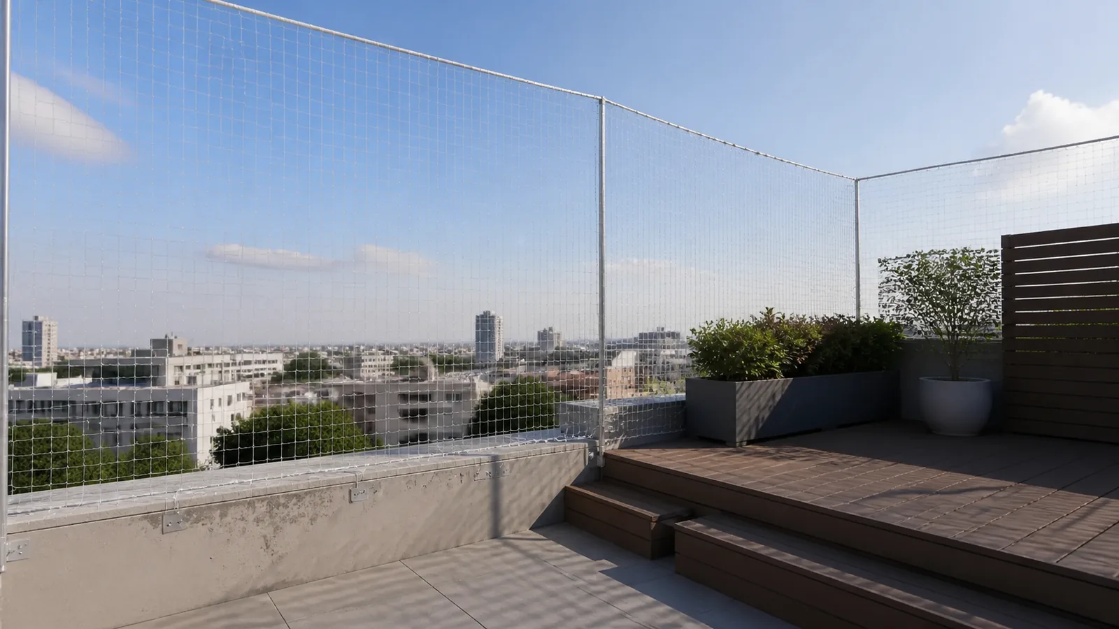 Transparent nylon cat net following the stepped boundaries of a split-level terrace