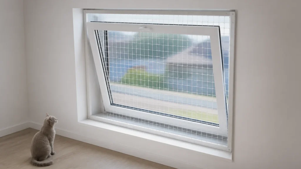 Transparent cat net boundary beside a tilt-and-turn window in tilt mode