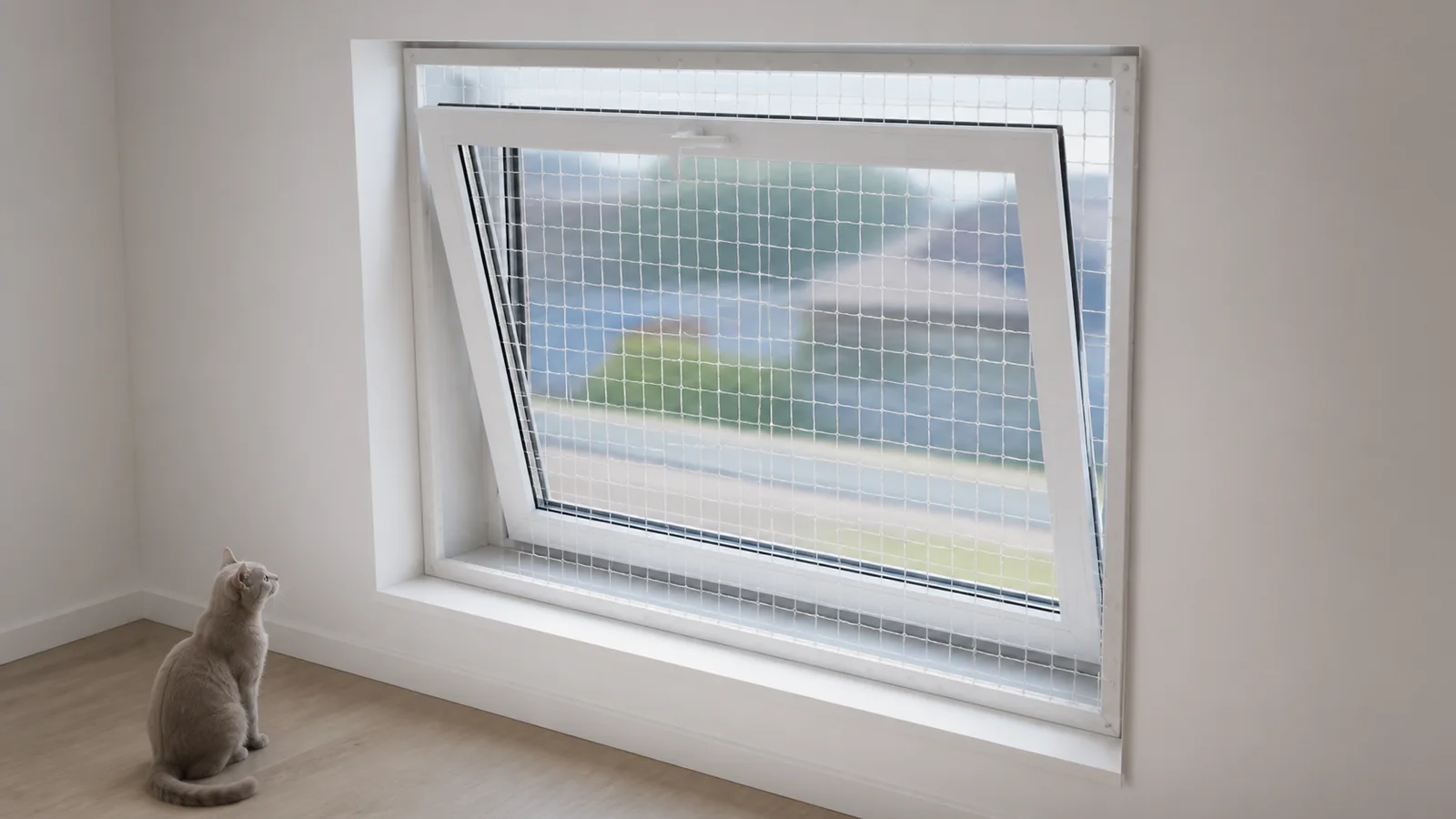 Transparent cat net boundary beside a tilt-and-turn window in tilt mode