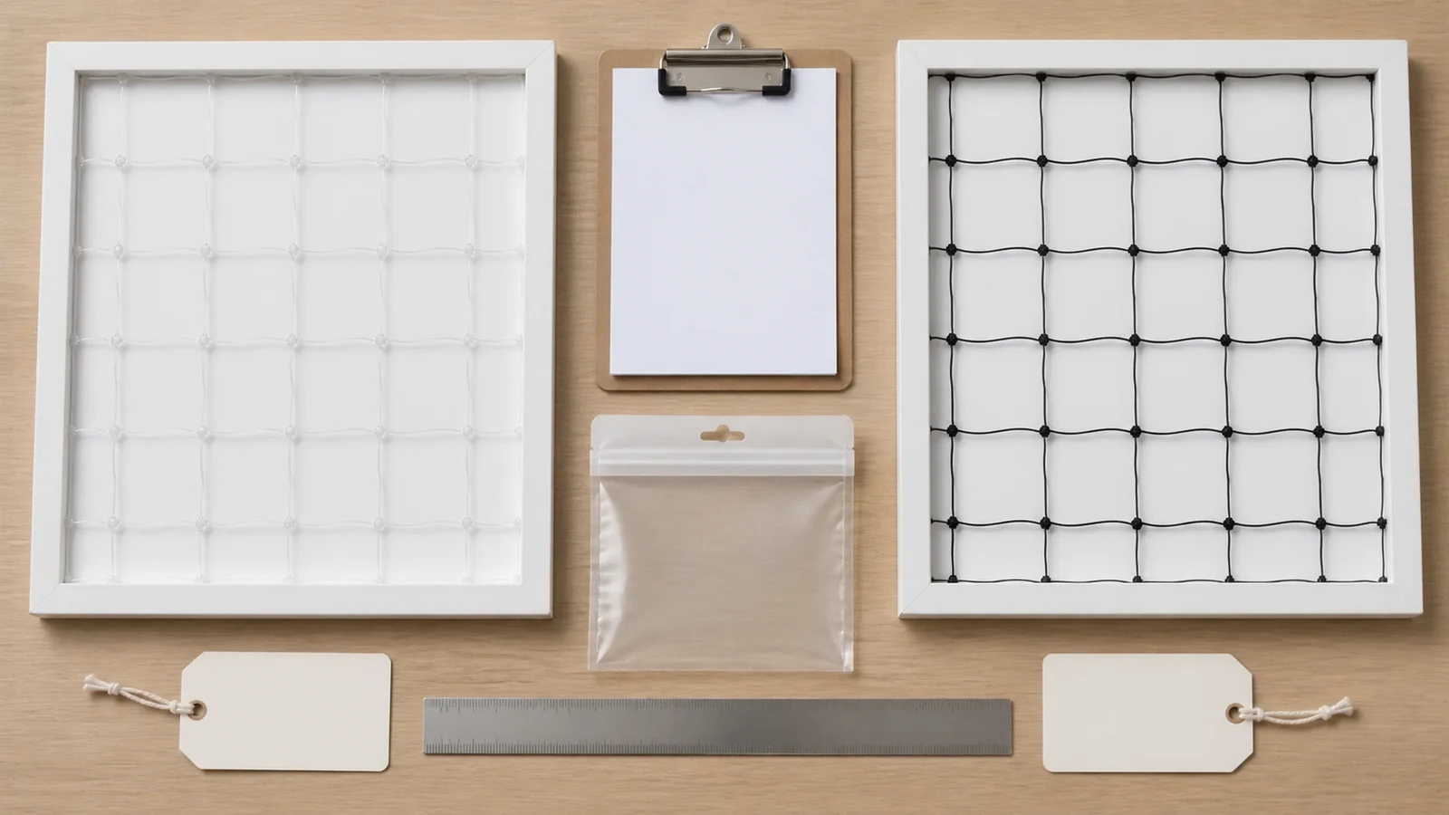 Transparent nylon and black wire-reinforced cat net samples arranged for approval
