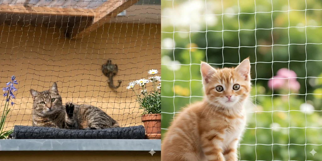 Cat safety net product image showcasing secure barrier application with patio features for pet owners