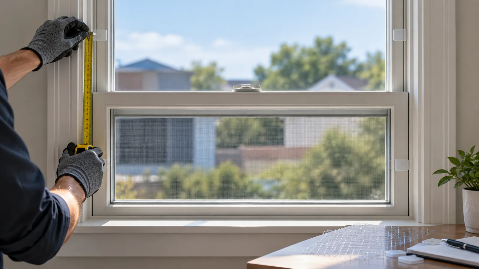 Technician measuring a double-hung window before a transparent cat net quotation