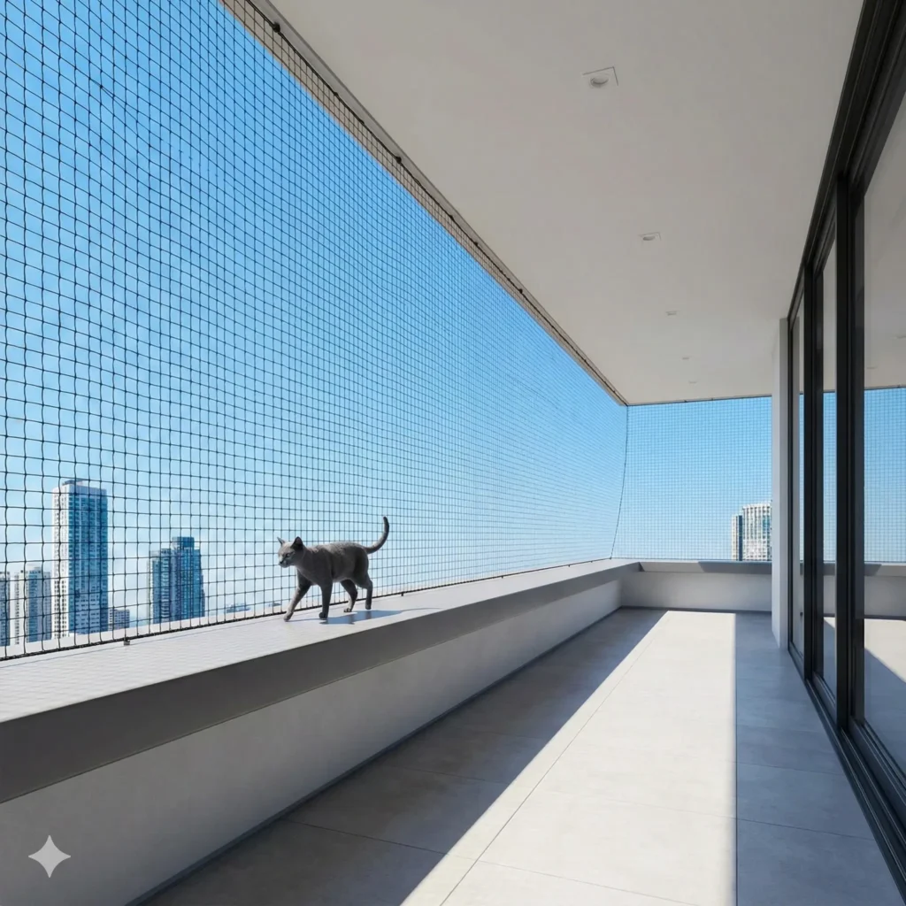 Marine-grade stainless steel cat net with braided wire core, engineered for salt-air coastal environments and extreme weather exposure