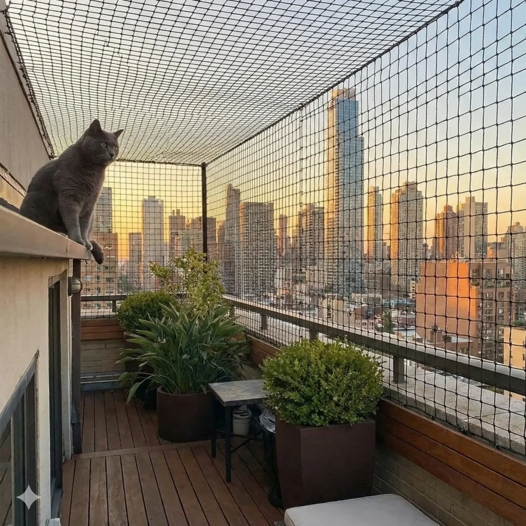 Durable steel-core cat netting for window security applications, preventing falls while allowing airflow and visibility
