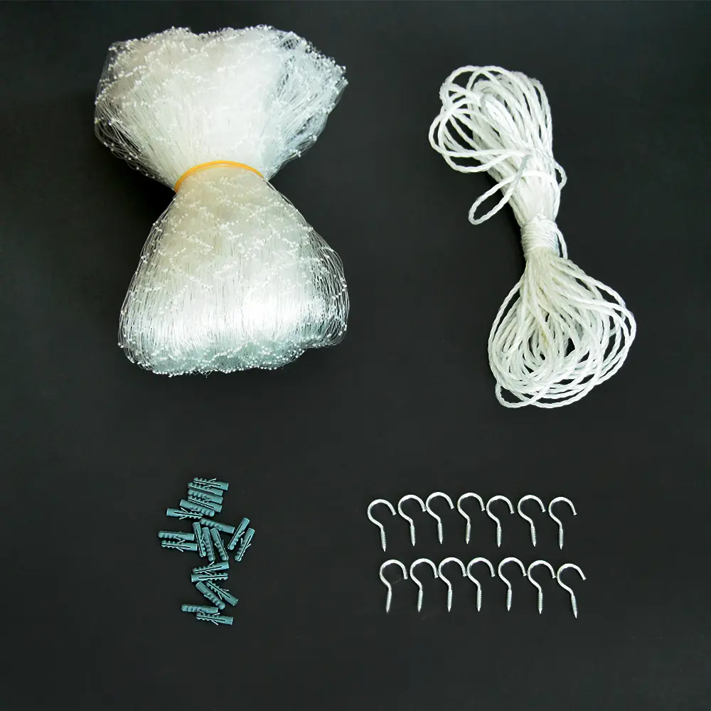 Installation diagram demonstrating hook-and-eye attachment method for temporary cat net placement