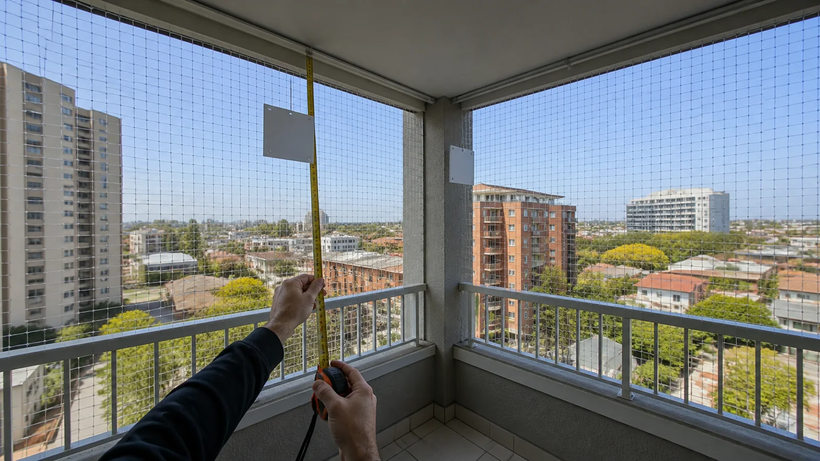 Surveyor measuring two connected planes of an L-shaped balcony cat net boundary