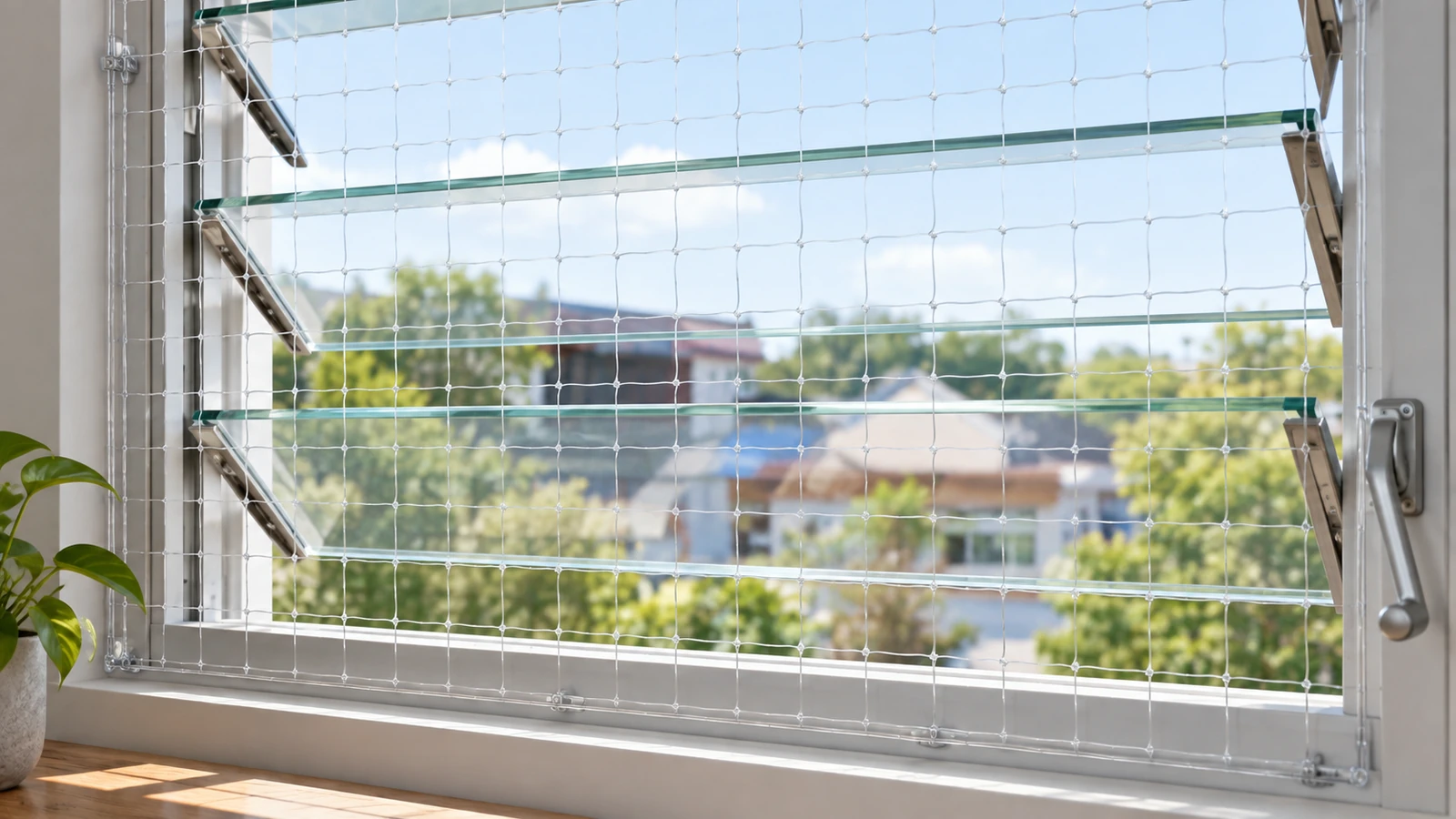 Transparent cat net installed inside a louvered window with blades open