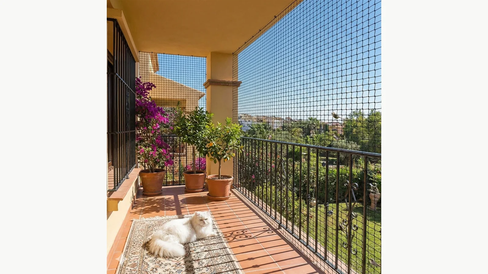Terrace cat protection net showing a completed vertical boundary