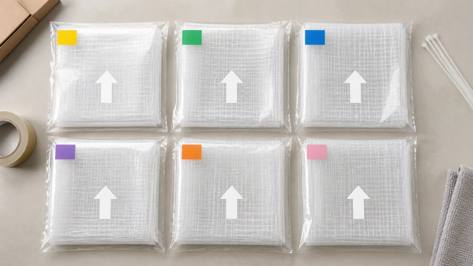Transparent nylon cat net panels separated with color tabs and orientation markers