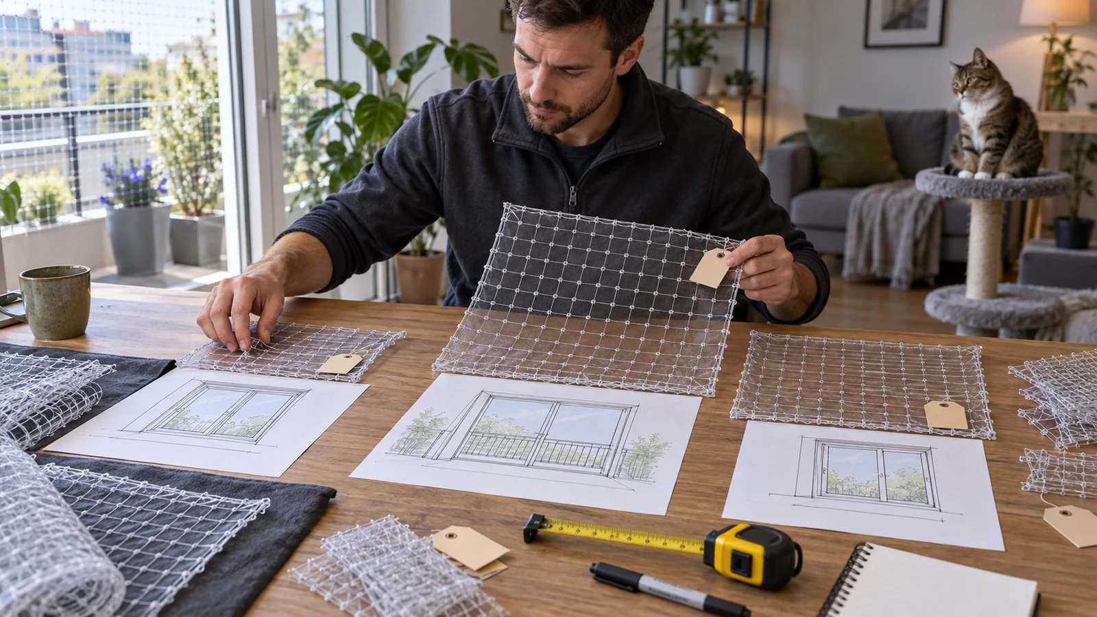 Installer allocating transparent cat-net panels to measured openings