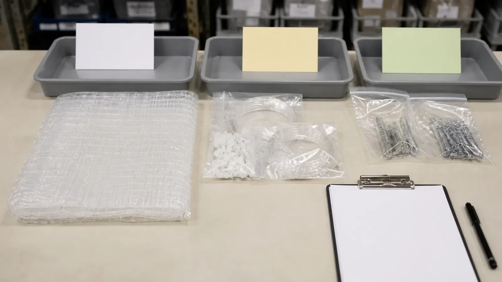 Transparent cat net and accessory packs separated for inventory control