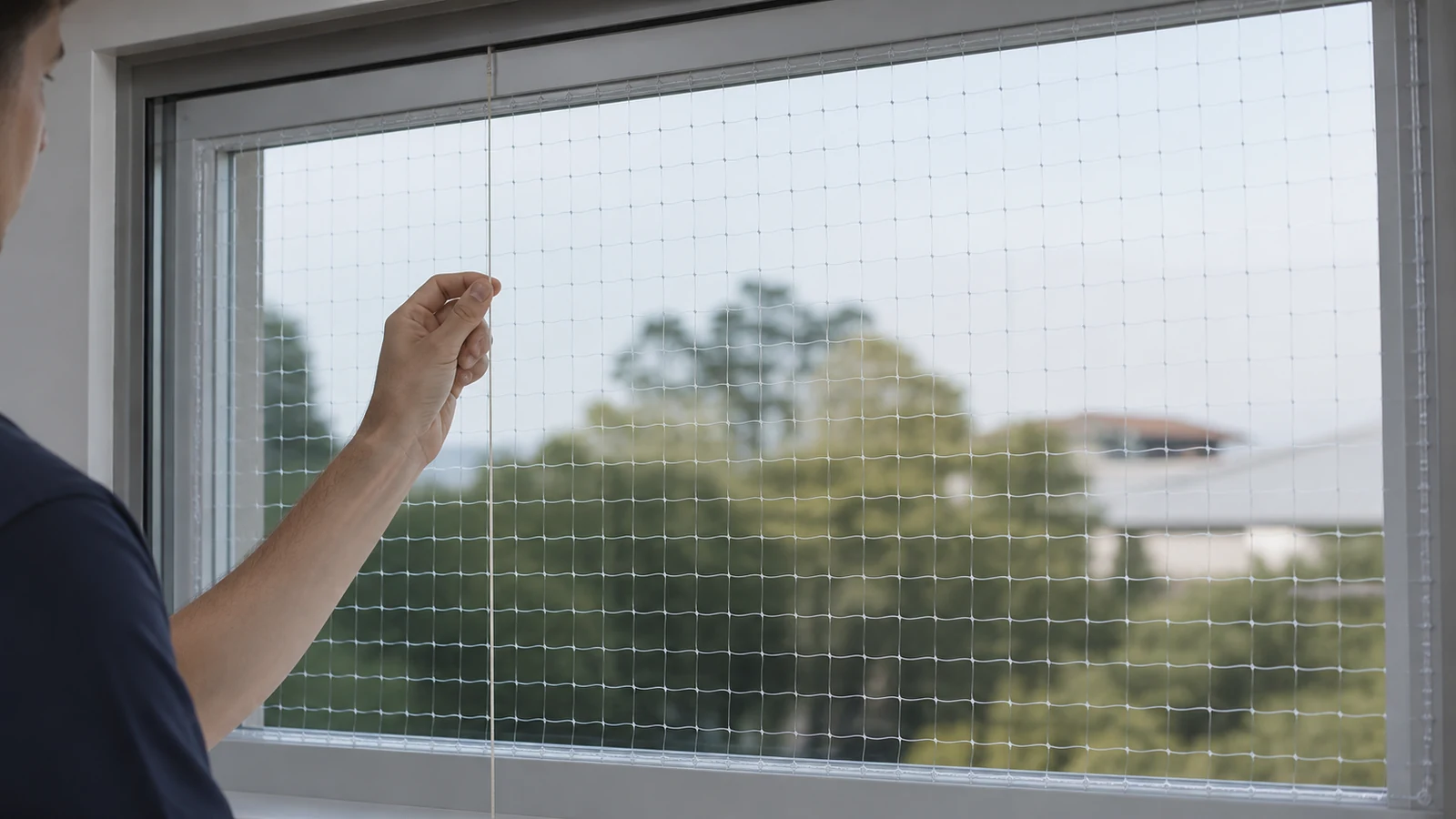 Transparent nylon cat net viewed with a reference cord during installation acceptance