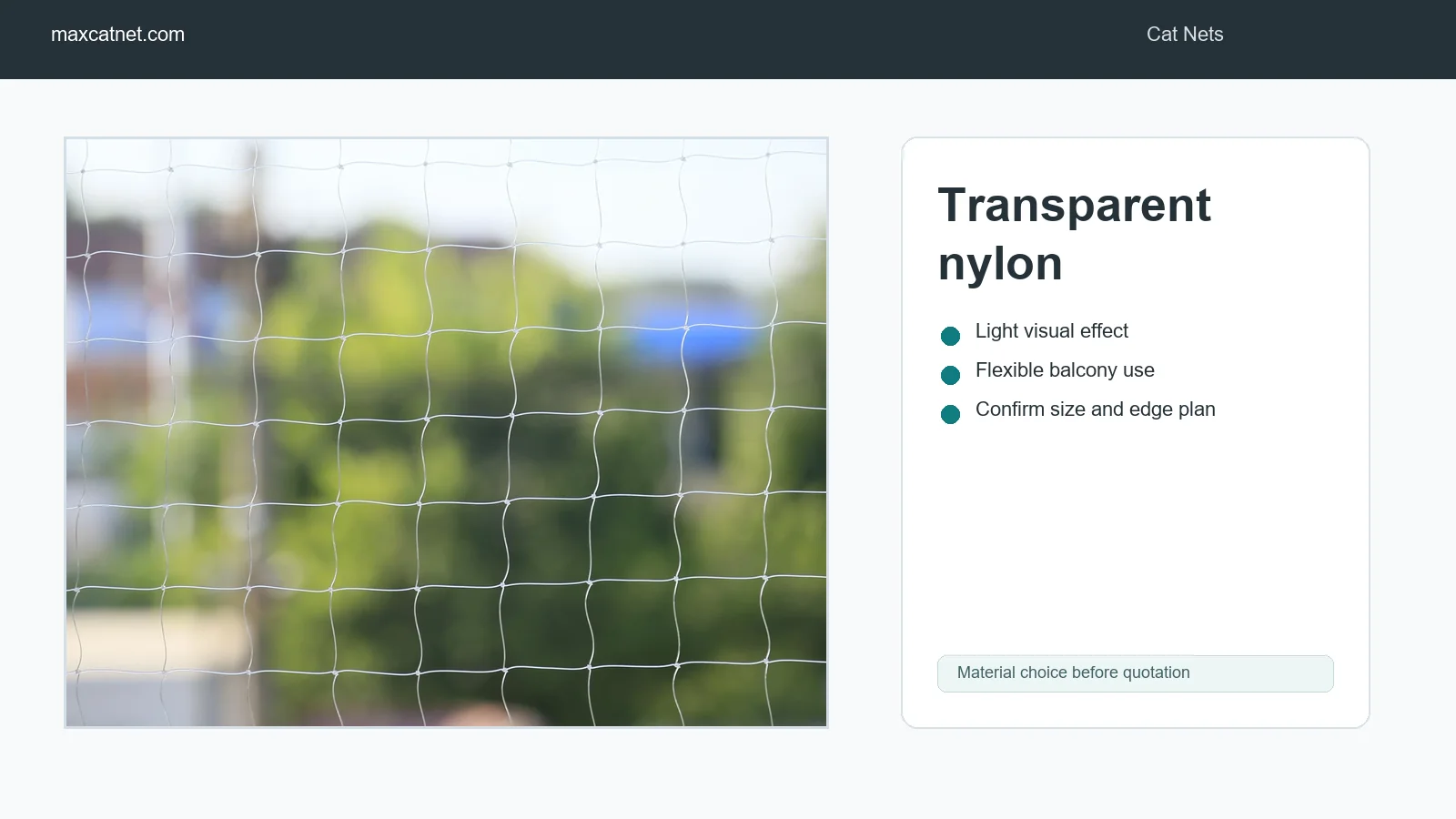 Transparent nylon cat net roll and size details for ordering