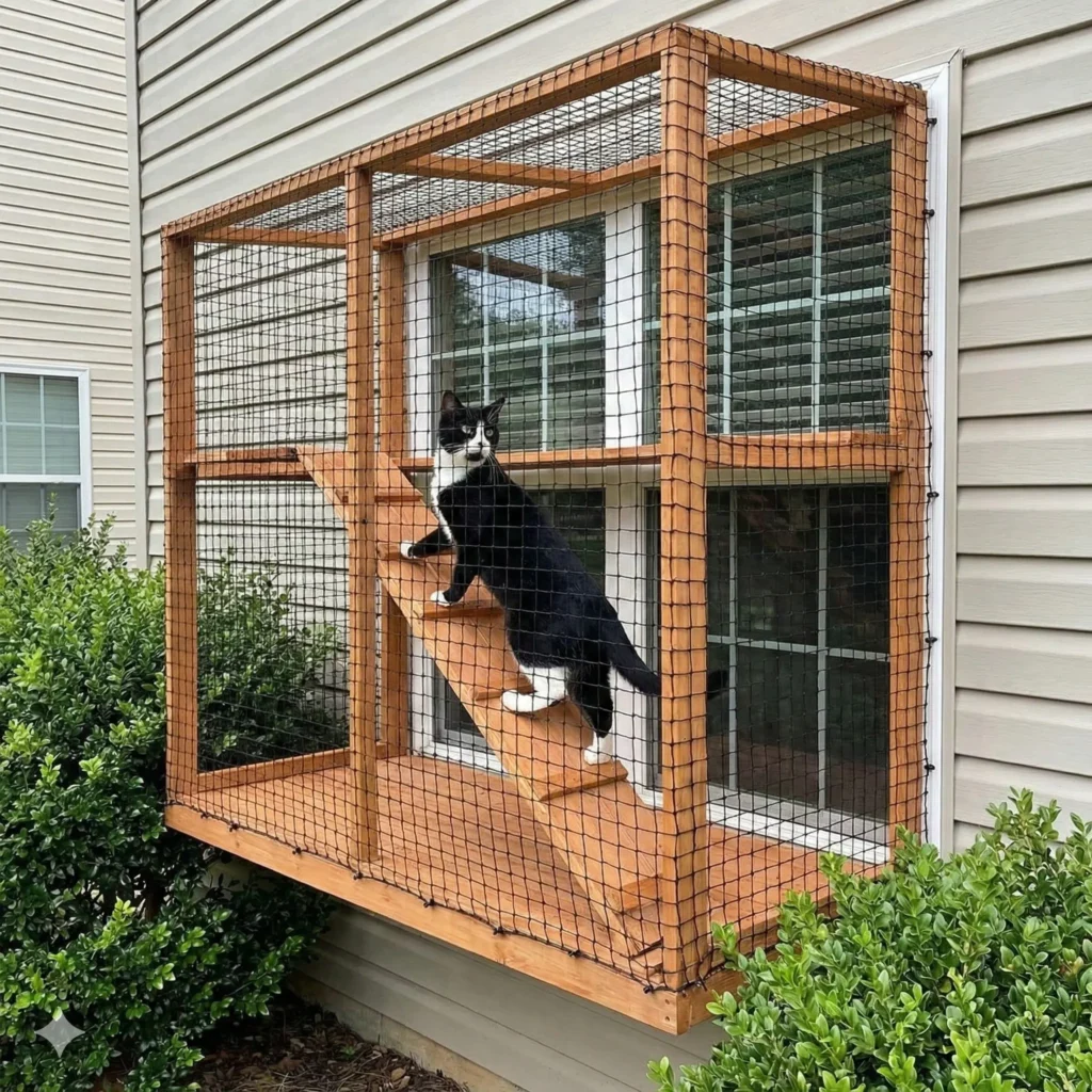 Premium metal-core cat protection net combining flexible polyethylene exterior with unbreakable steel wire interior