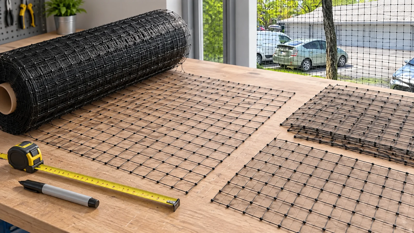 Continuous roll of black wire-reinforced cat net laid out for panel cutting