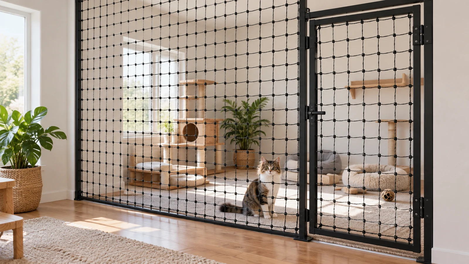 Black wire-reinforced cat-net room divider with an access gate