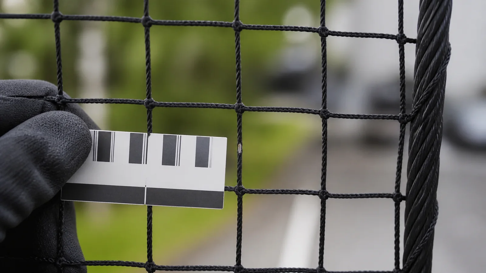 Inspector documenting coating abrasion on black wire-reinforced cat netting